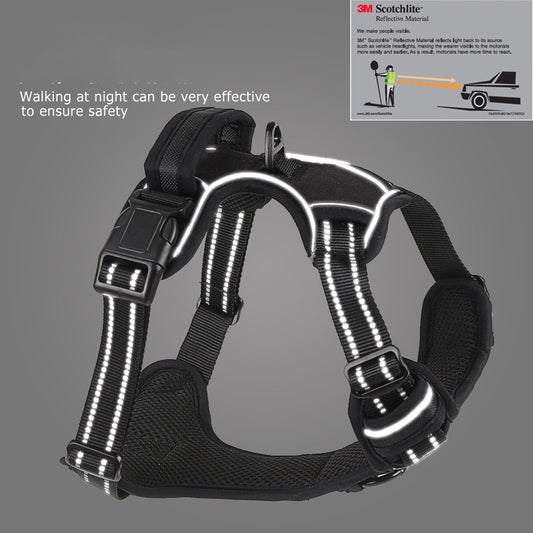 Black reflective dog harness with white safety stripes for nighttime walking safety