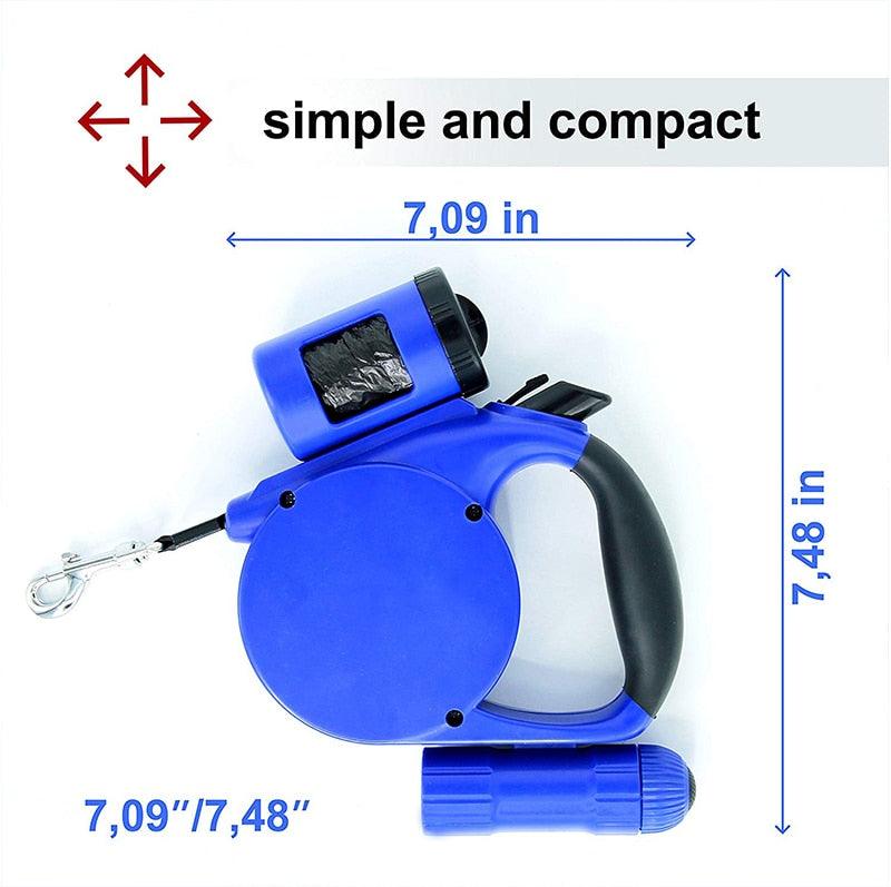 Compact blue retractable dog leash with black handle and attached waste bag dispenser, measured 7.09 by 7.48 inches
