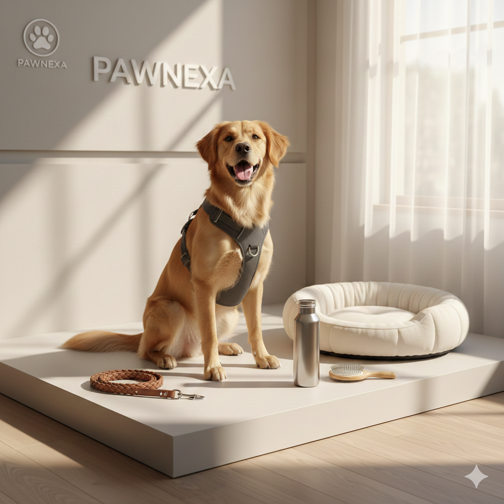 Golden retriever wearing gray harness sitting on platform with leash, water bottle, brush, and cozy dog bed