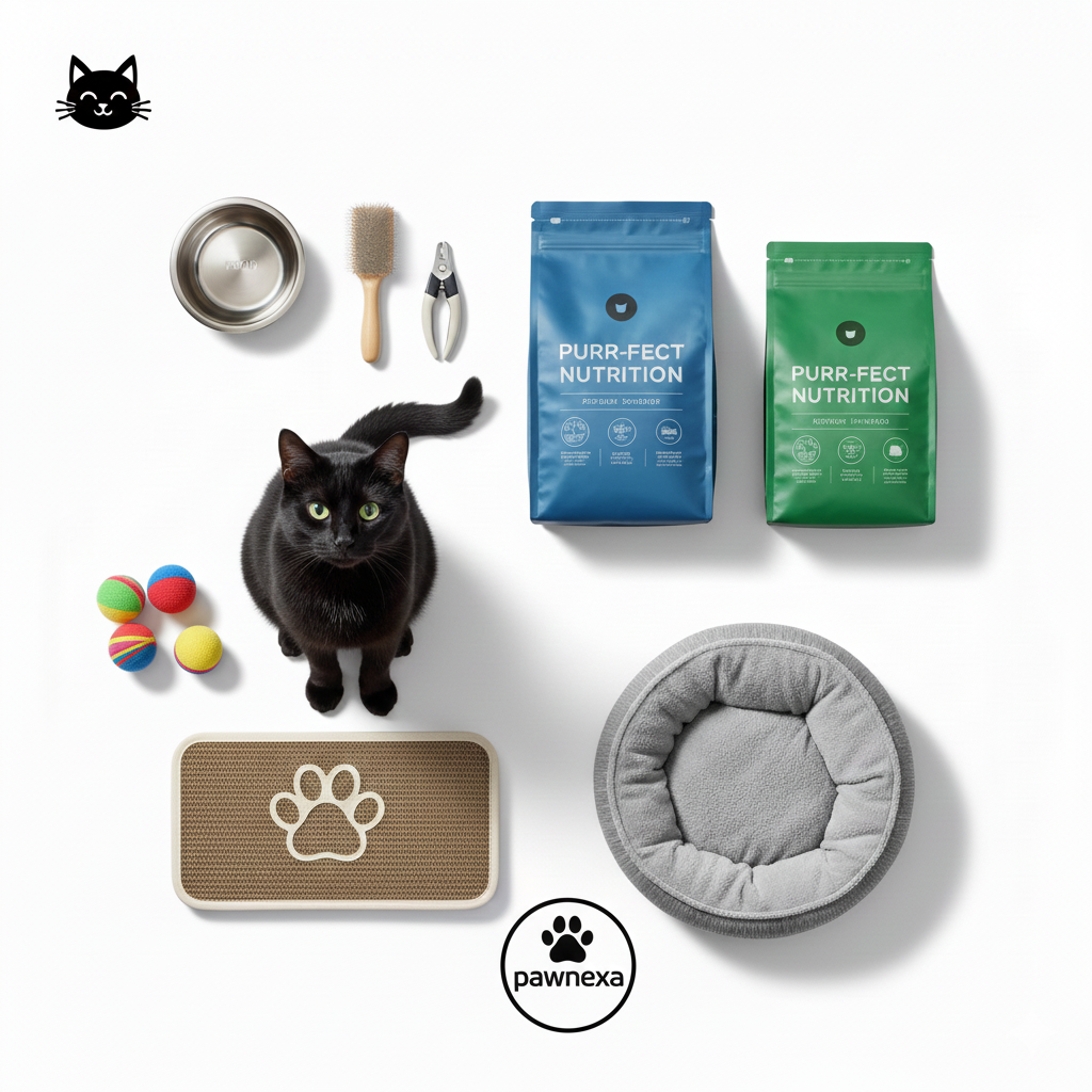 Black cat with green eyes surrounded by cat food, toys, grooming tools, and bed on white background