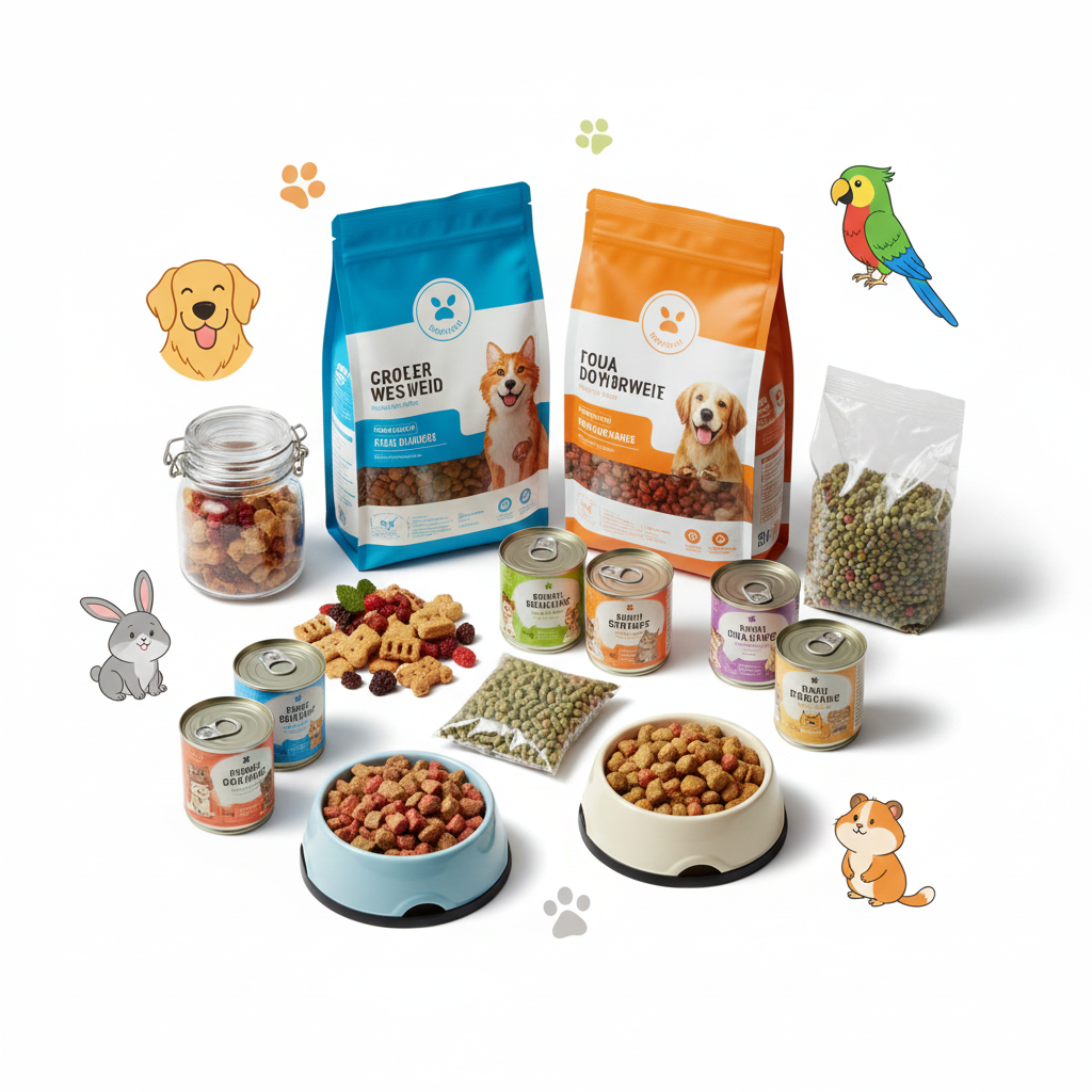 Variety of dry and canned dog food with bowls, a jar, and colorful pet illustrations on white background