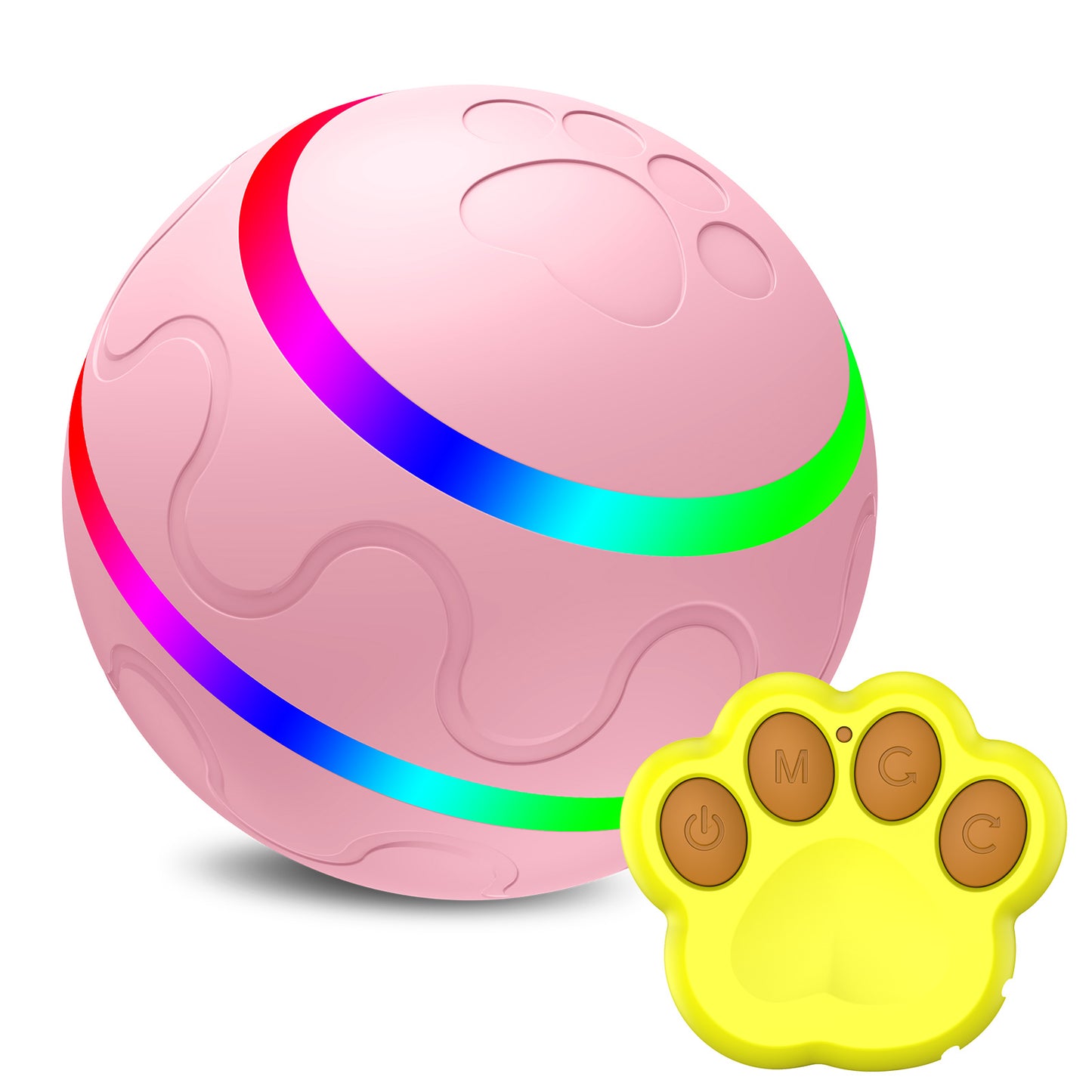 Pink interactive pet ball with rainbow stripes and yellow paw-shaped remote control