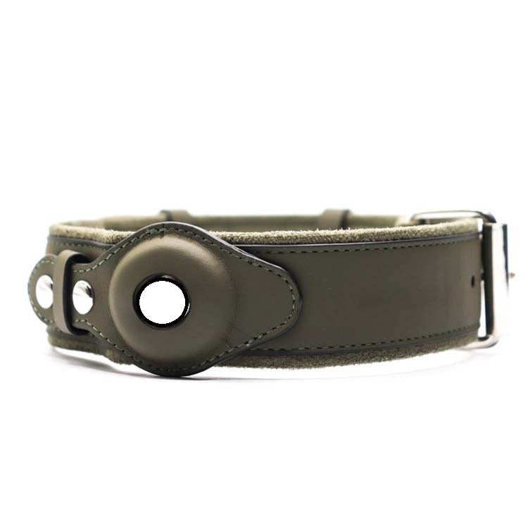 olive green leather dog collar with padded interior and metal buckle on white background