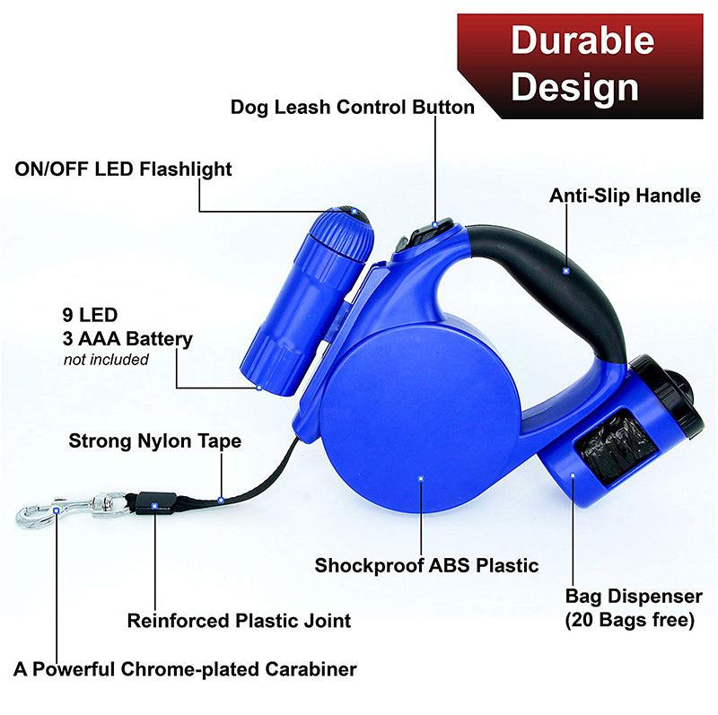 Blue durable dog leash with LED flashlight, anti-slip handle, bag dispenser, and chrome-plated carabiner