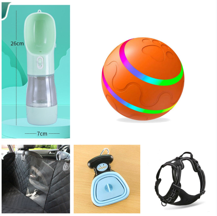 Collage of pet accessories including portable water bottle, orange toy ball, car seat cover, blue clip, and black dog harness