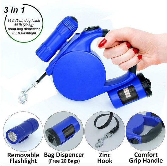Blue 3-in-1 dog leash with removable flashlight, poop bag dispenser, zinc hook, and comfort grip handle