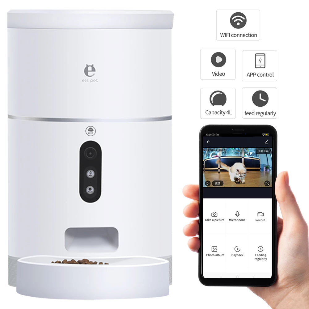 White automatic pet feeder with camera and WiFi, smartphone app controls feeding and video