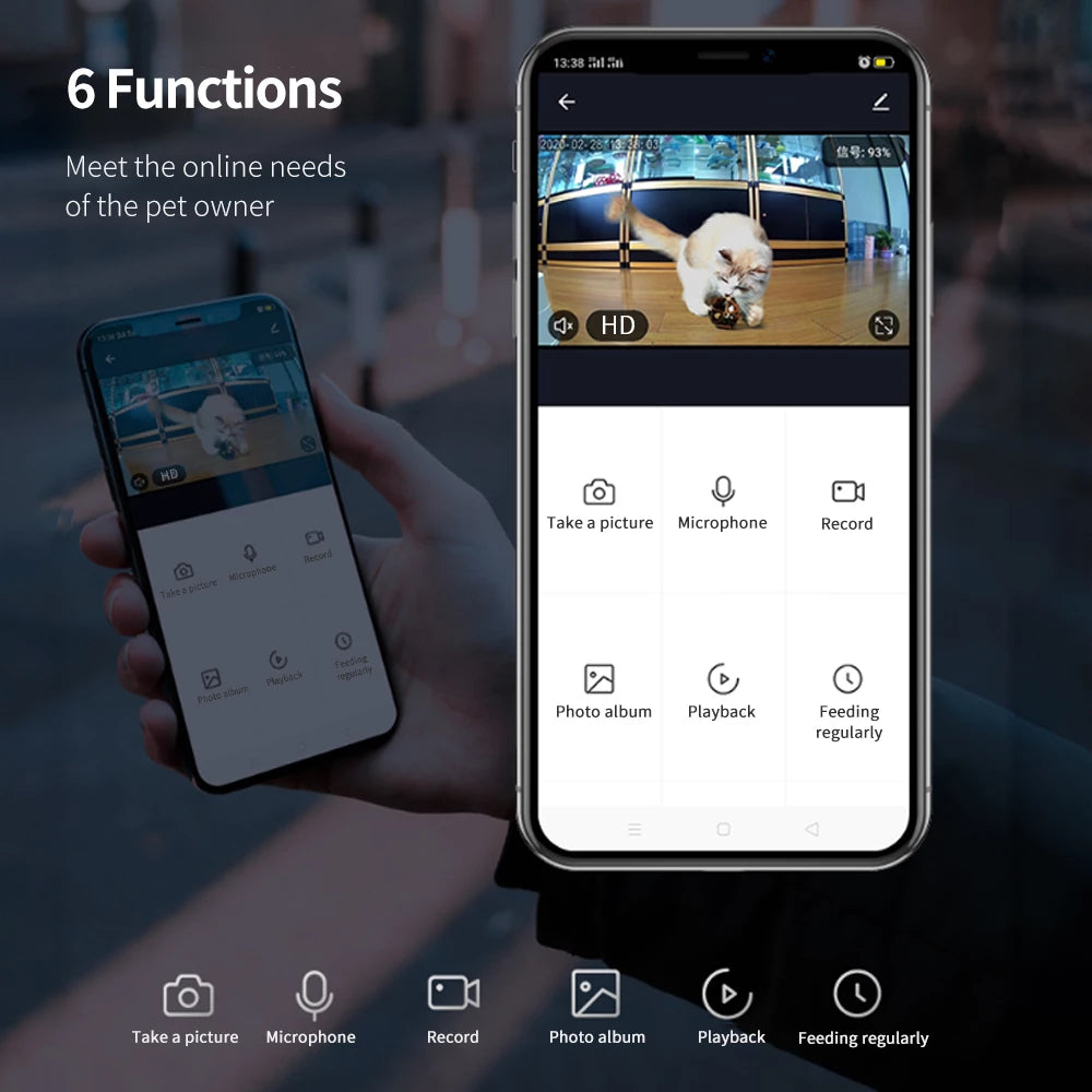 Smartphone app interface showing pet camera live feed of cat playing with toy, with features like record and playback
