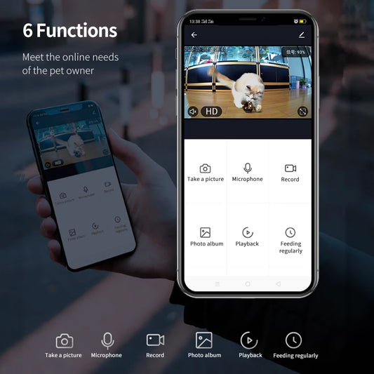 Smartphone app interface showing pet camera live feed of cat playing with toy, with features like record and playback