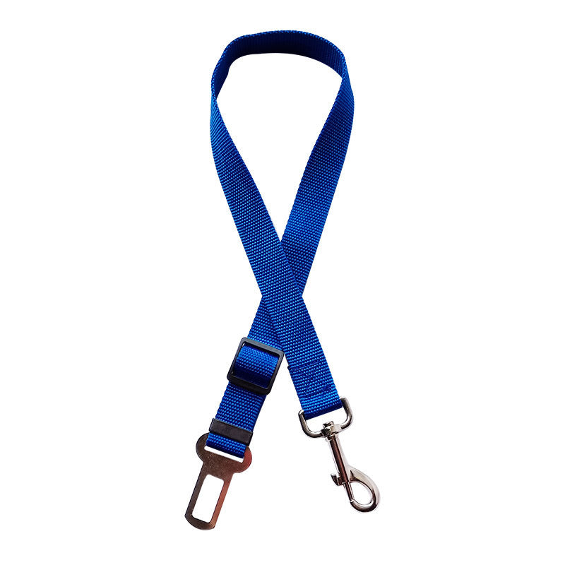 Blue adjustable pet seat belt with metal clip and car buckle for dog safety