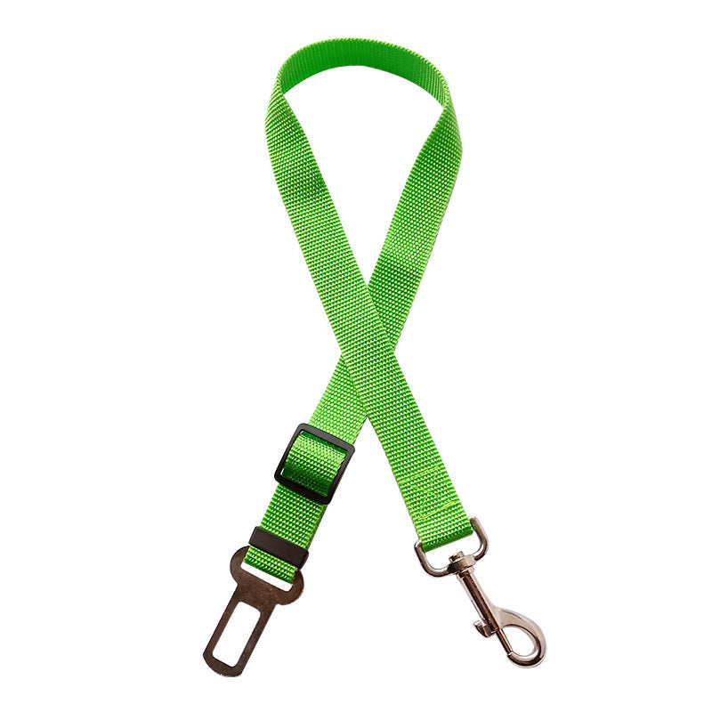 Bright green adjustable pet seat belt with metal buckle and swivel clip for car safety