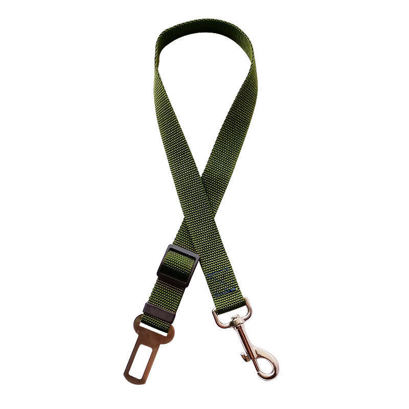 Green adjustable pet seat belt strap with metal clip and buckle for car safety