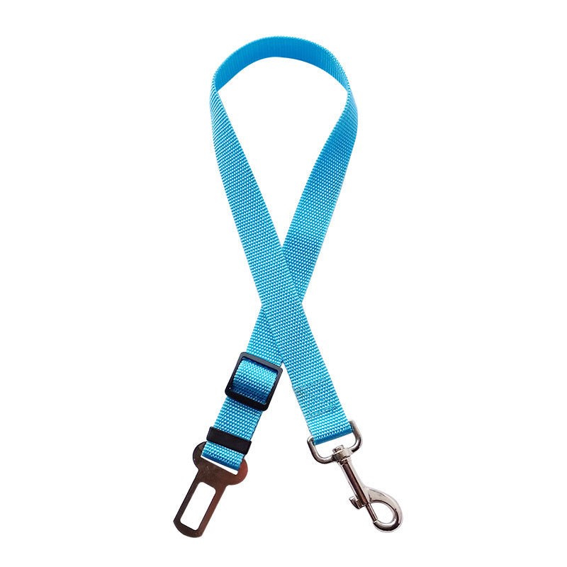 Blue adjustable pet seat belt with metal clip and buckle for car safety