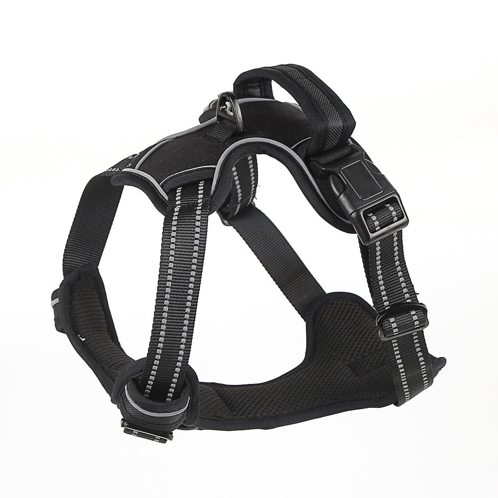 Black padded dog harness with adjustable reflective straps and quick-release buckle