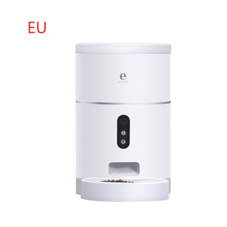 White automatic pet feeder with camera and food bowl dispensing dry kibble