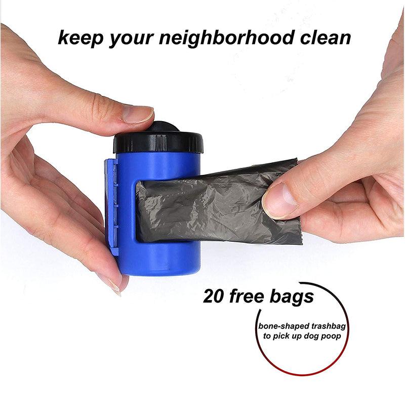 Blue dog waste bag dispenser with black bags and text keep your neighborhood clean 20 free bags