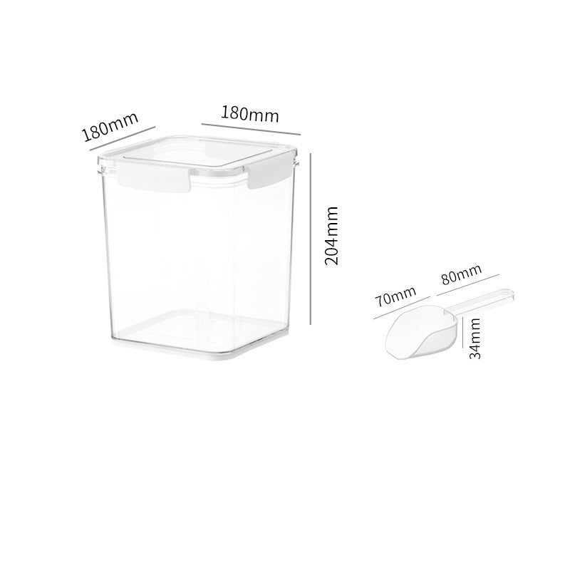 Clear plastic storage container 180x180x204mm with matching measuring scoop 70x80x34mm