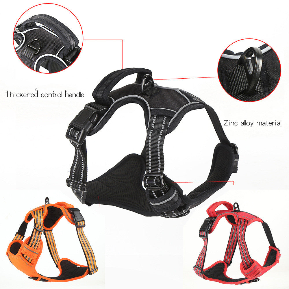 Black, orange, and red padded dog harnesses with thickened control handle and zinc alloy material ring
