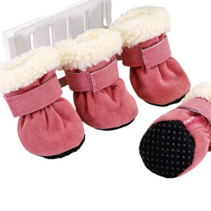 Set of four pink fleece-lined dog boots with adjustable straps and non-slip rubber soles