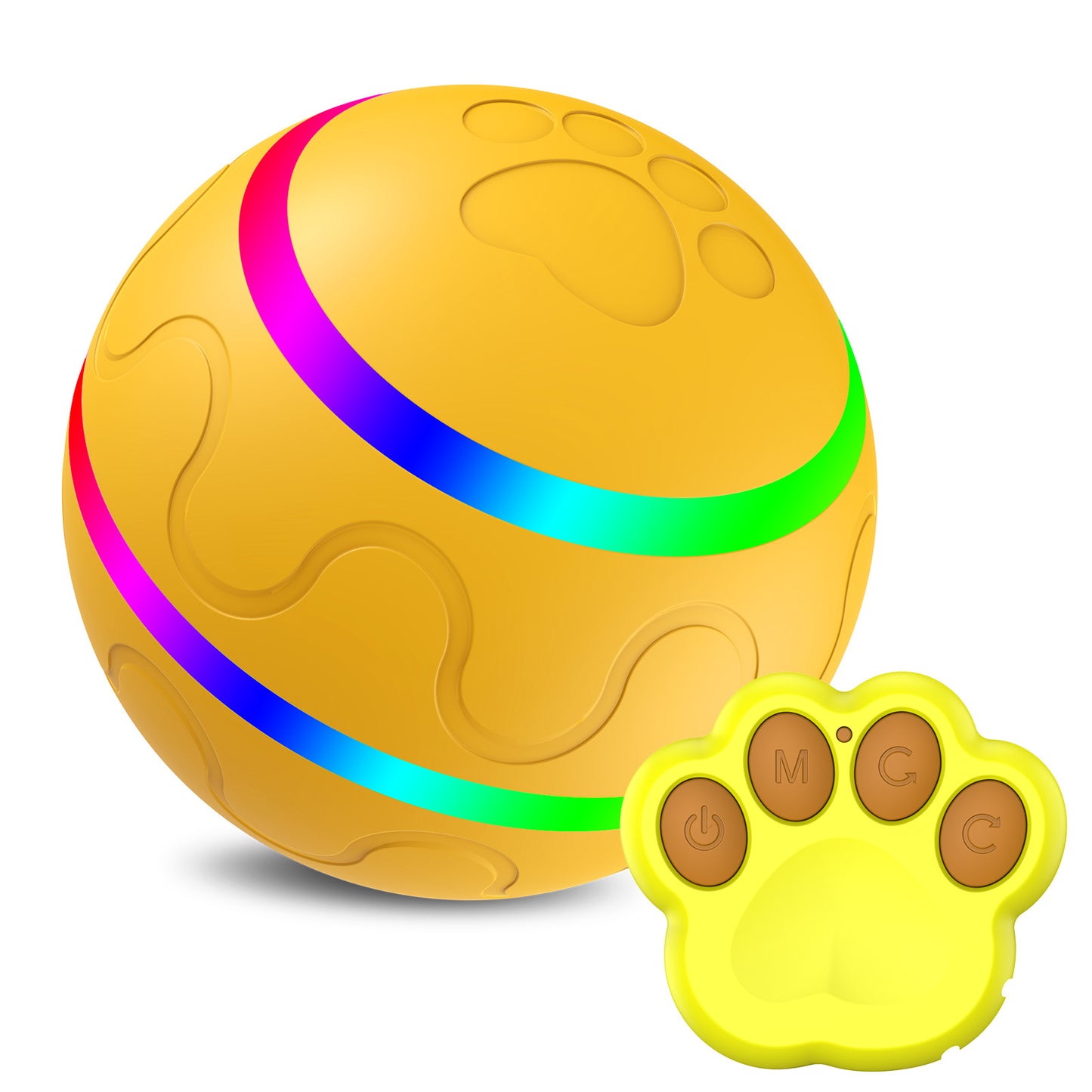 Yellow dog toy ball with rainbow stripes and paw print remote controller
