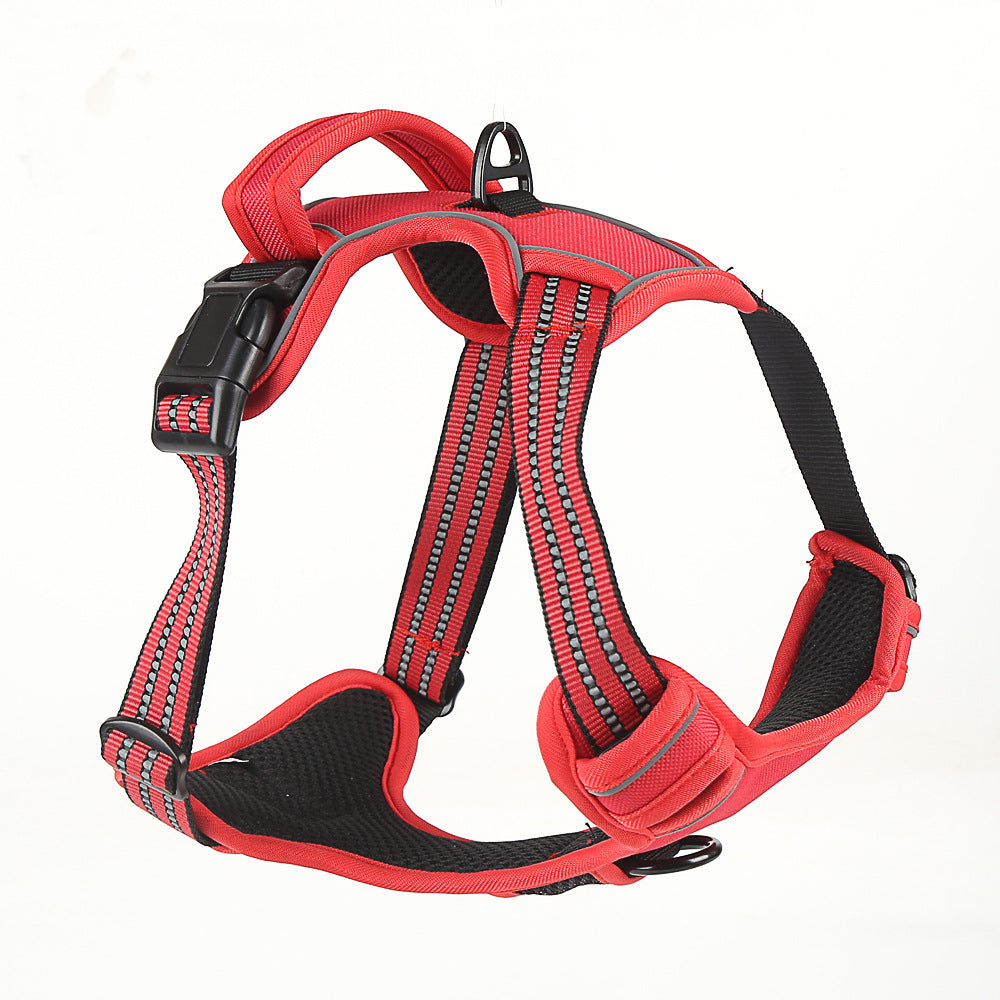Red and black padded dog harness with adjustable straps and reflective stitching