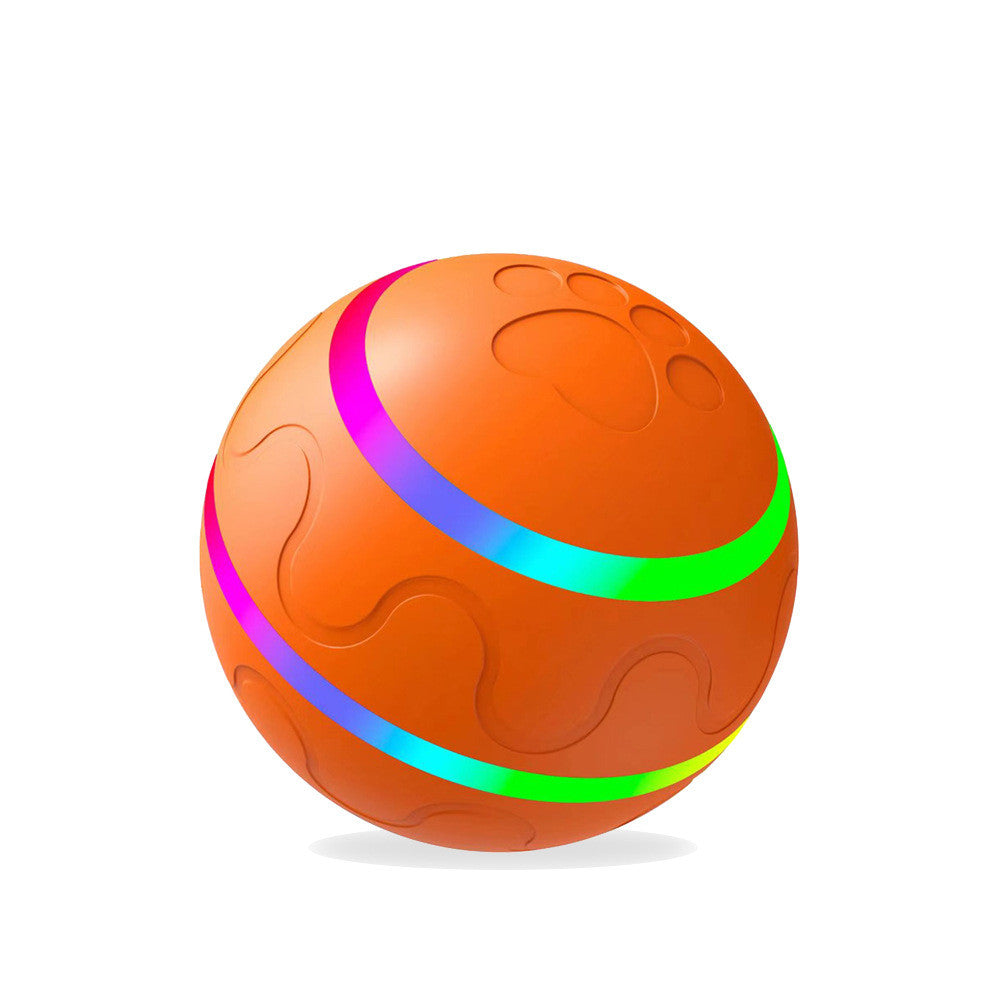 Orange dog toy ball with paw and wavy patterns, featuring rainbow-colored stripes