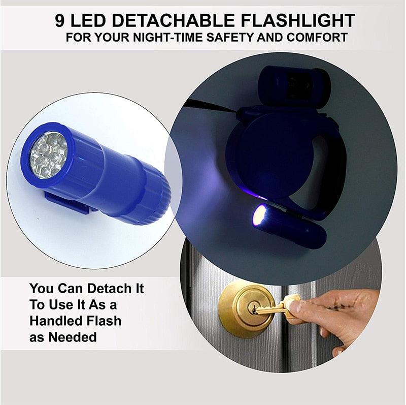 Blue 9 LED detachable flashlight for night-time safety, shown illuminated and used to unlock door