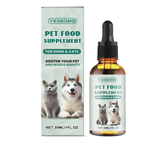 Yegbong pet food supplement bottle and box for dogs and cats, soothes and relieves pet anxiety, 30ml