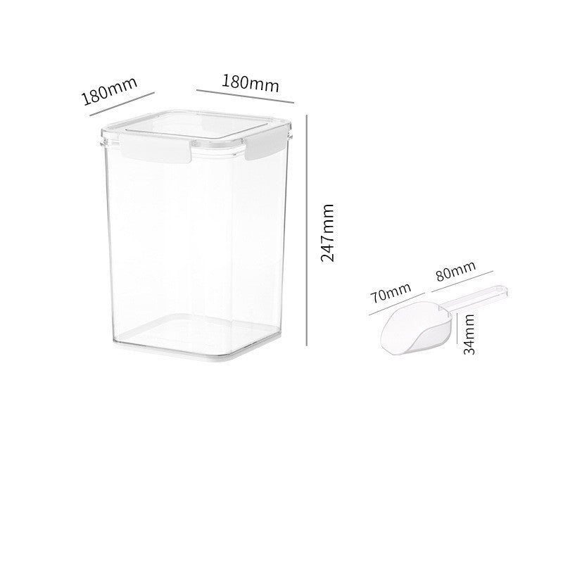 Transparent airtight rectangular food storage container with white locking lid and matching scoop, dimensions labeled