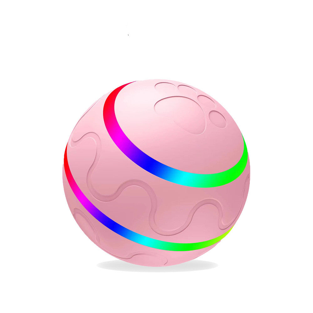 Pink interactive dog ball toy with paw print and colorful LED light stripes