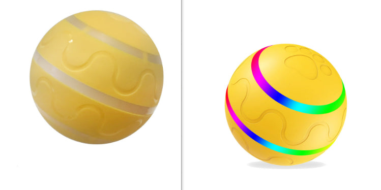 Yellow spherical object with embossed wavy and paw print patterns, shown in photo and digital illustration
