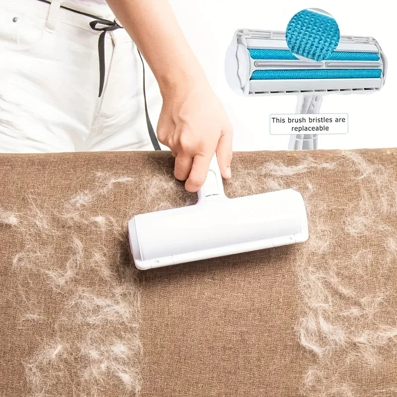 Hand using white pet hair remover brush on brown fabric couch, showing replaceable blue brush bristles