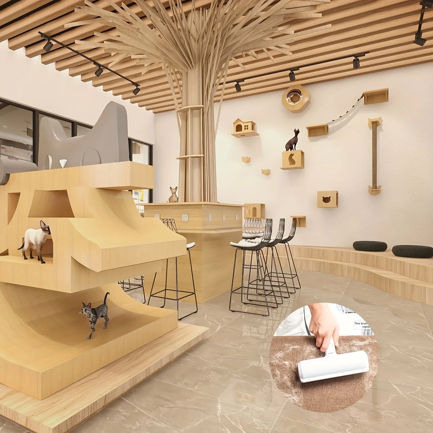Modern cat cafe interior with wooden cat playground, climbing walls, and seating area