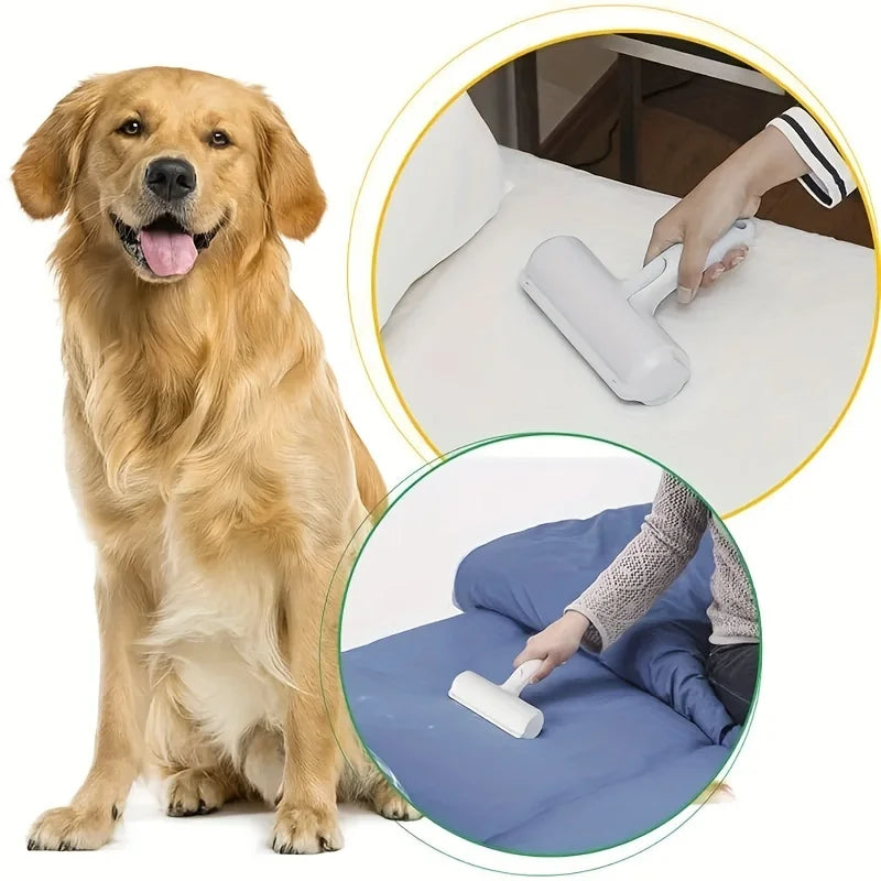 Golden retriever dog and handheld lint remover cleaning pet hair from white and blue fabric surfaces