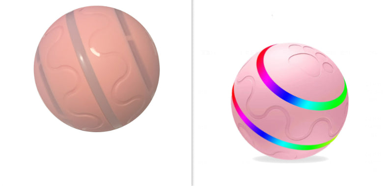 Two pink spherical balls with embossed abstract patterns; one with plain bands, the other with colorful rainbow bands