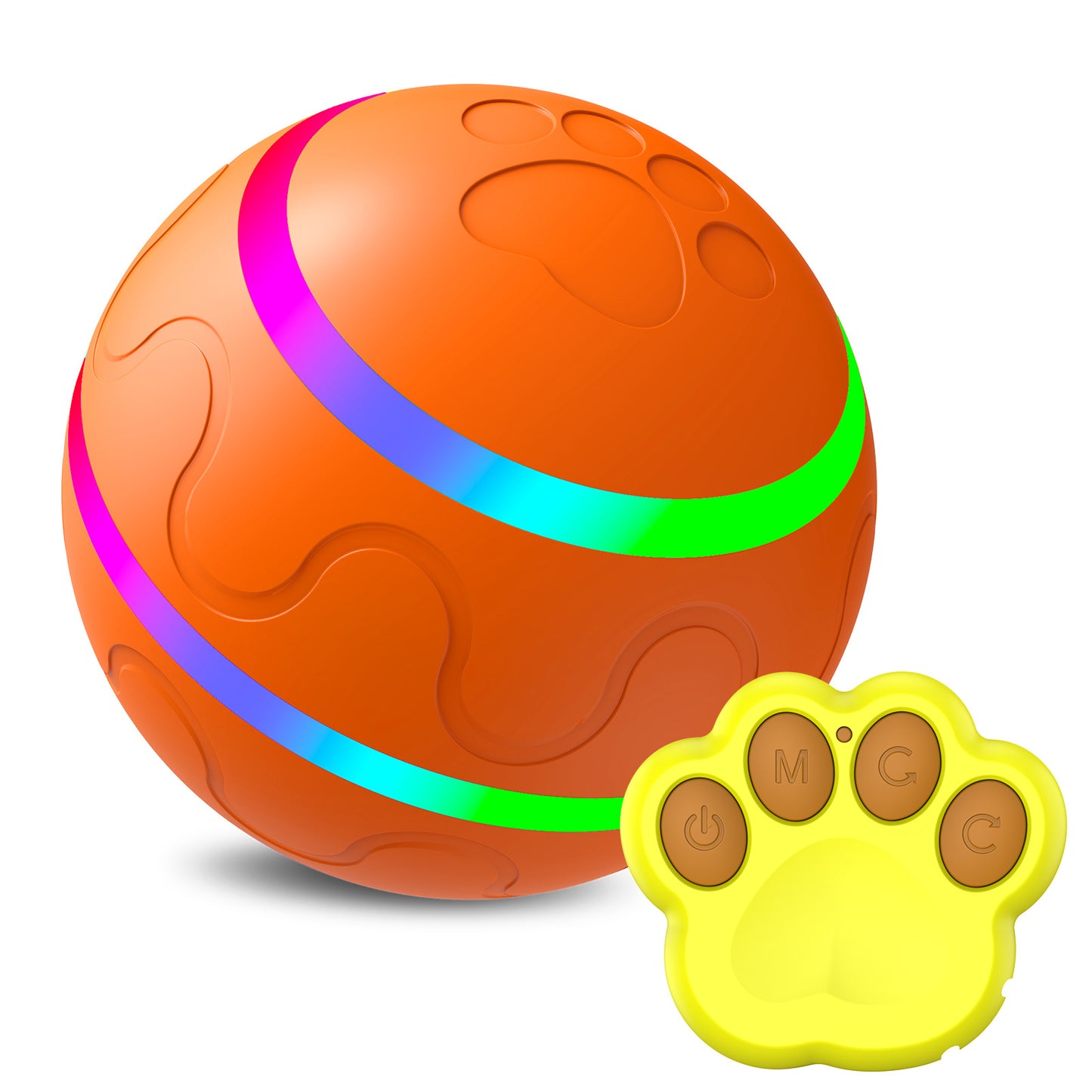 Orange interactive pet ball toy with glowing stripes and yellow paw-shaped remote control