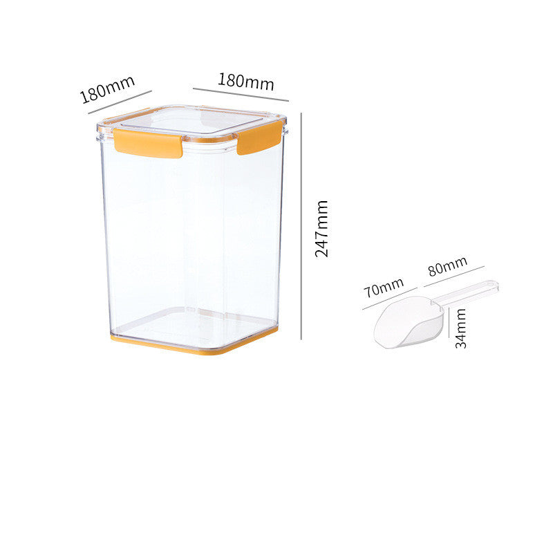 Transparent rectangular food storage container with orange locking lid and matching base, with dimensions shown
