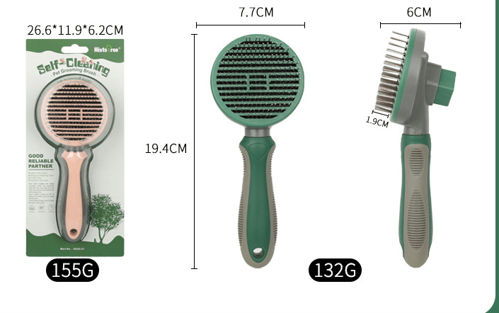 Self-cleaning pet grooming brush with measurements and weight, green and beige handle close-up