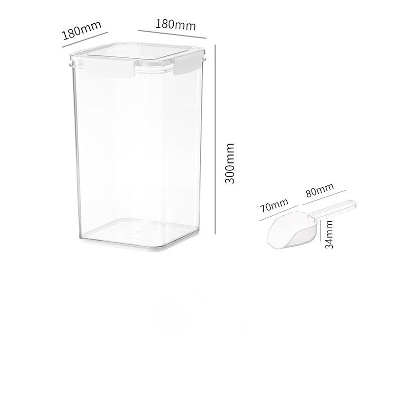 Clear plastic storage container with white lid and matching scoop, dimensions labeled in millimeters